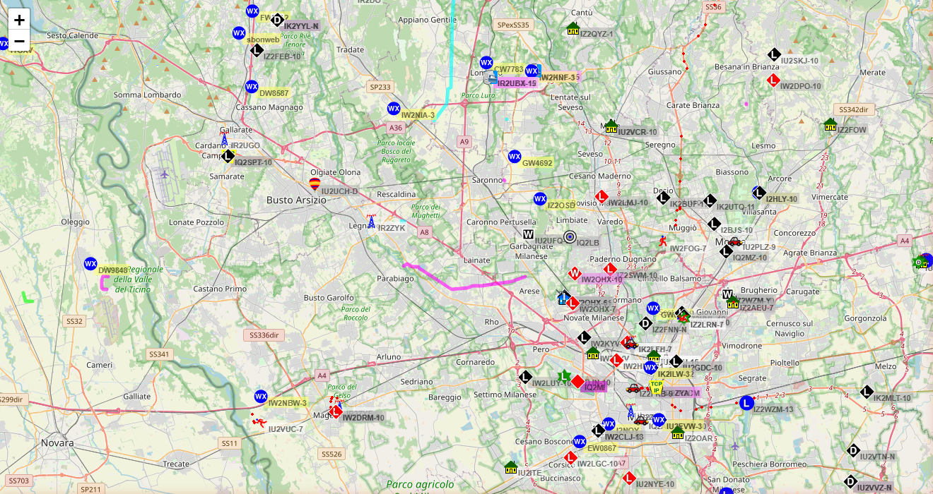 aprs.fi map showing IW2OHX-7 LoRa APRS iGate near Bollate (MI) with surrounding stations